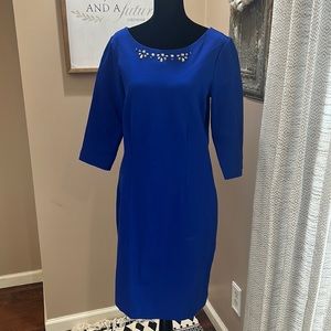 Women’s dress, royal blue with jeweled neckline. New w tags. Size 10.